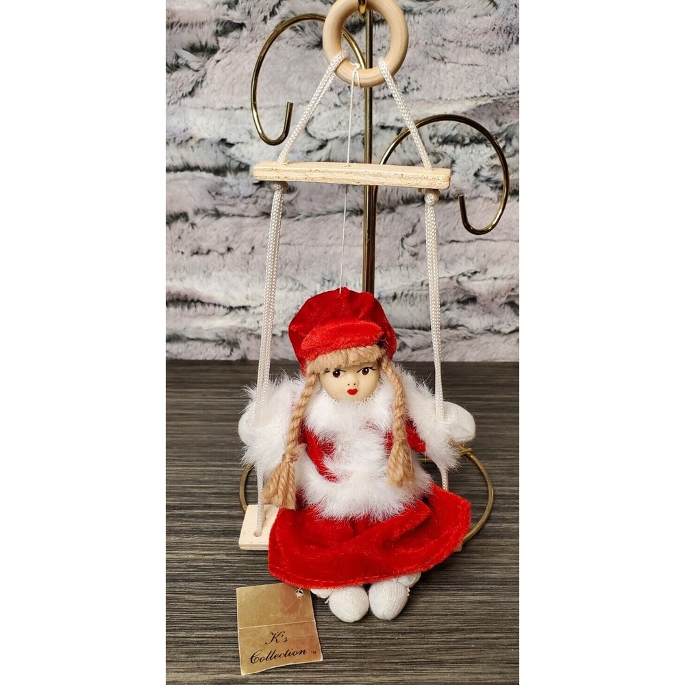 VINTAGE Christmas Girl Porcelain Face Doll Blonde Braids On Hanging Wooden Swing